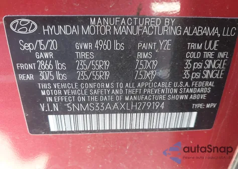 2020 Hyundai Santa Fe Sel 2.0T from USA, damaged, VIN 5NMS33AAXLH279194